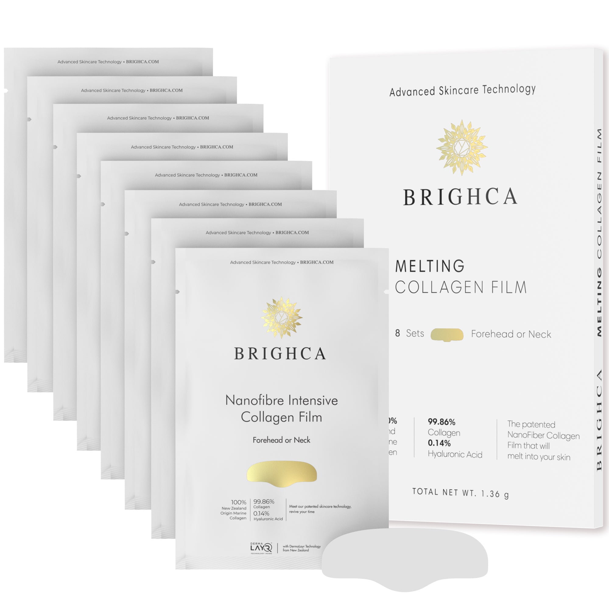 Melting Nanofiber Collagen Film Face Treatment Brighca for anti-aging, lifting, firming, hydrating Forehead or Neck