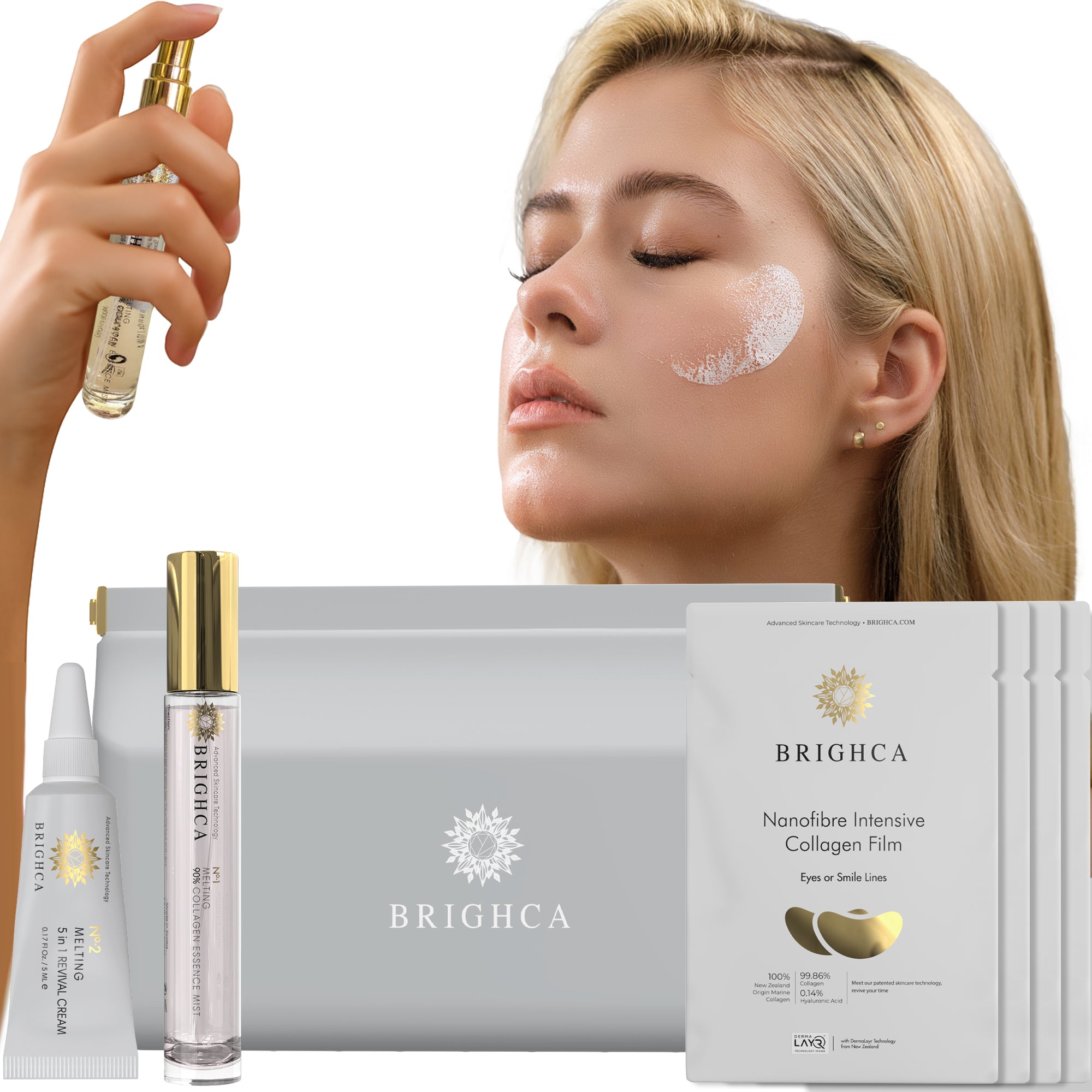 Brighca 3-in-1 melting collagen skincare trial kit with mist cream and film patches