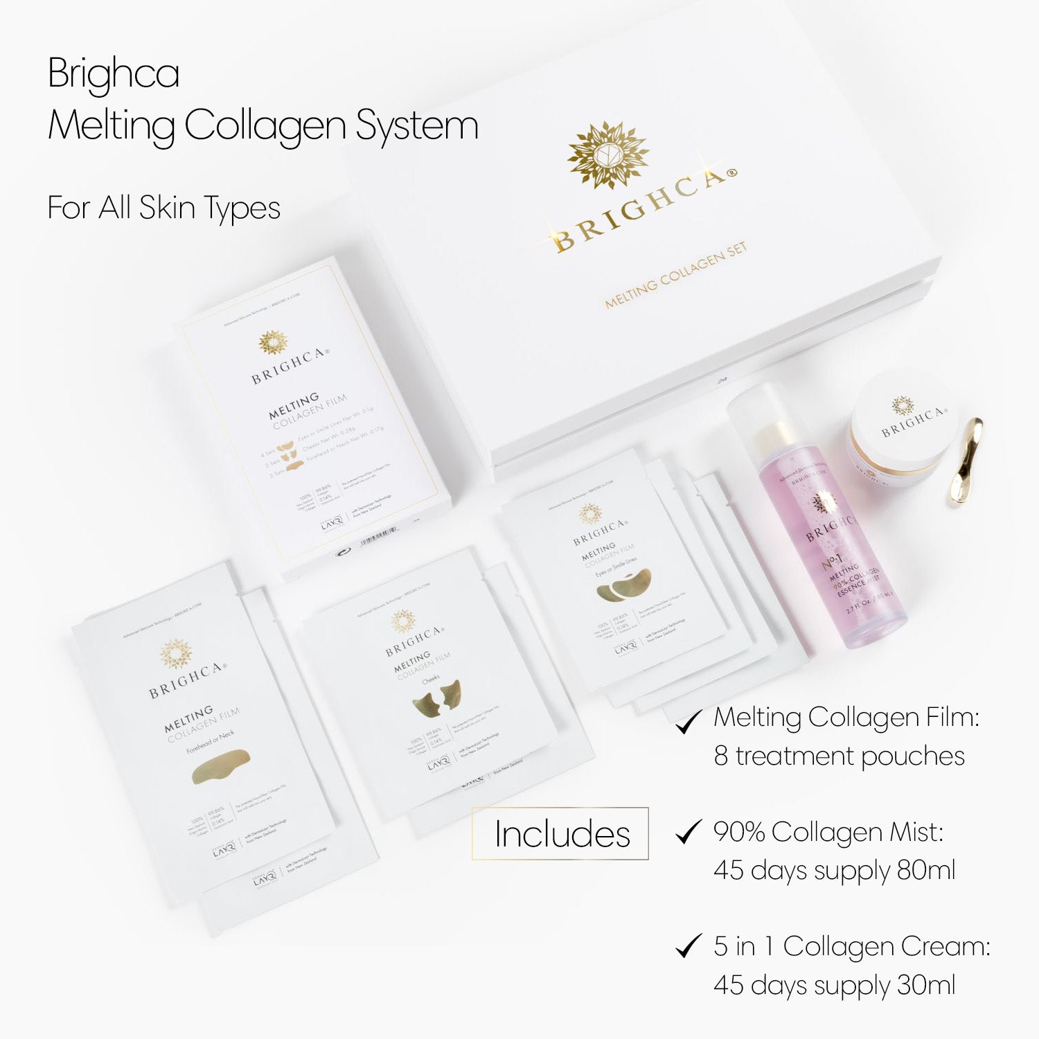 Brighca Melting Collagen Set Includes 45 days supply of mist and cream with 8 treatment pouches
