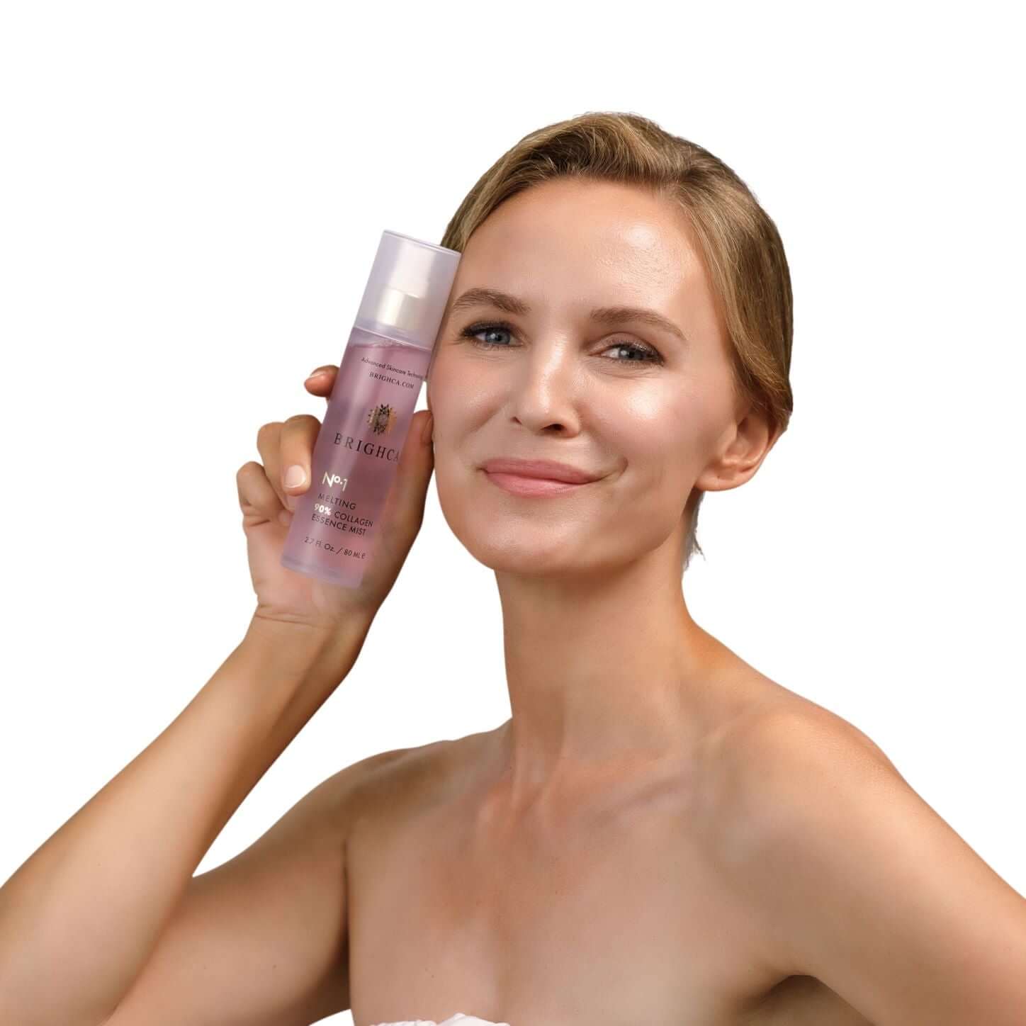 Woman Posing with Collagen Mist Packaging